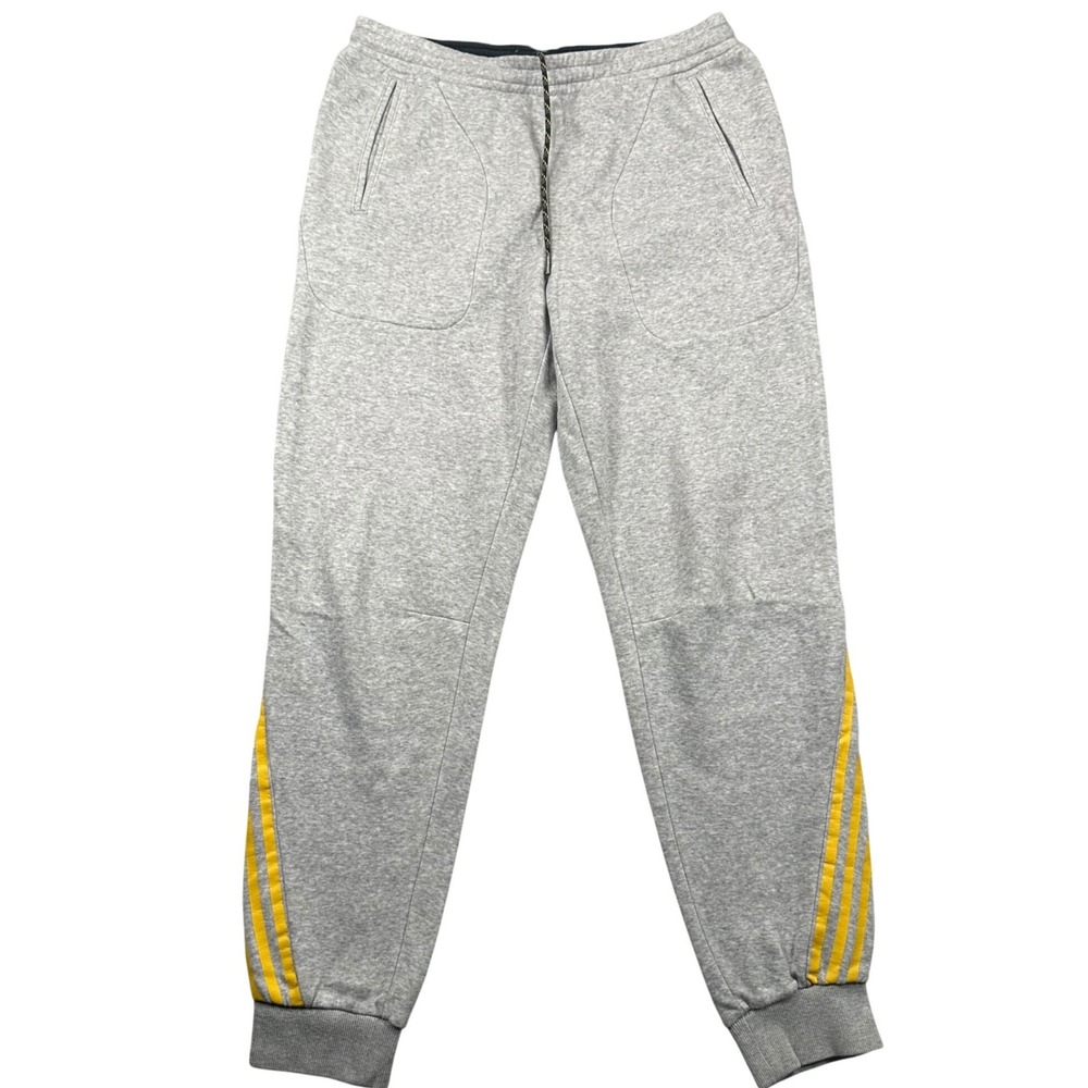 Adidas Neo‎ Joggers Mens M Slim Fit Gray Yellow 3-Stripe Fleece Sweatpants